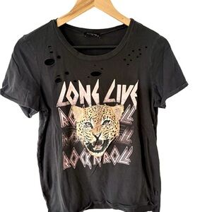 Zutter Black intentional ripped Graphic Tee with Leopard “Long Live Rock n Roll”